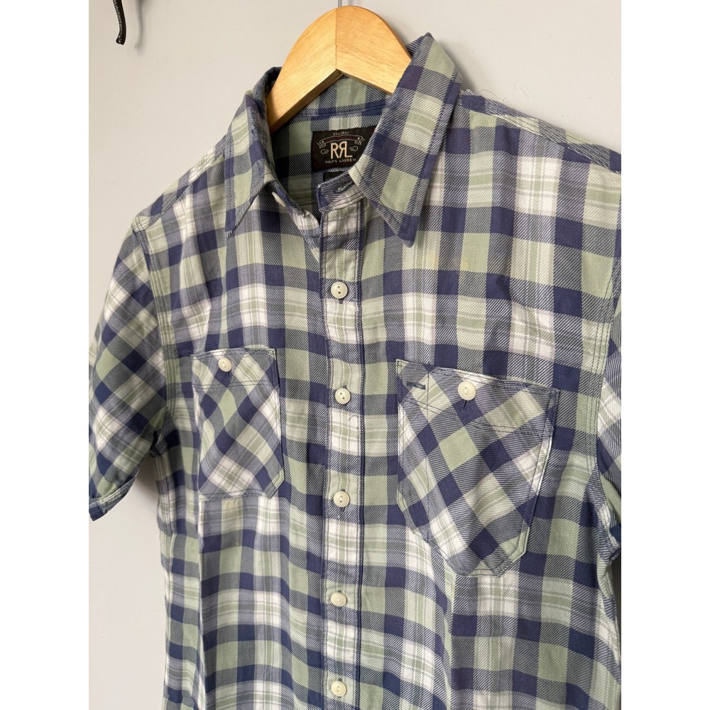 RRL Ralph Lauren Key West Plaid Short Sleeve Button Down Shirt Green Navy Small